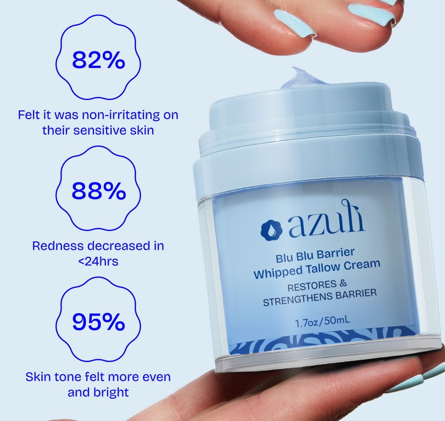 Blu Blu Barrier results: 82% found it non-irritating, 88% saw redness decrease in under 24 hours, 95% said skin tone felt more even and bright