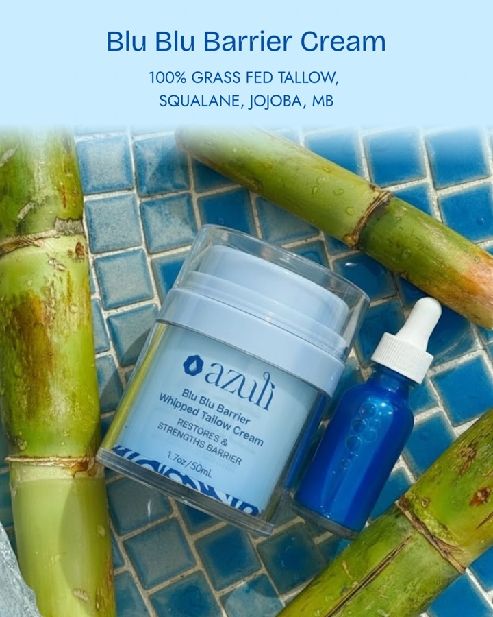 The jar and a methylene blue dropper on blue tiles with sugarcane: 100% grass-fed tallow, squalane, jojoba, MB